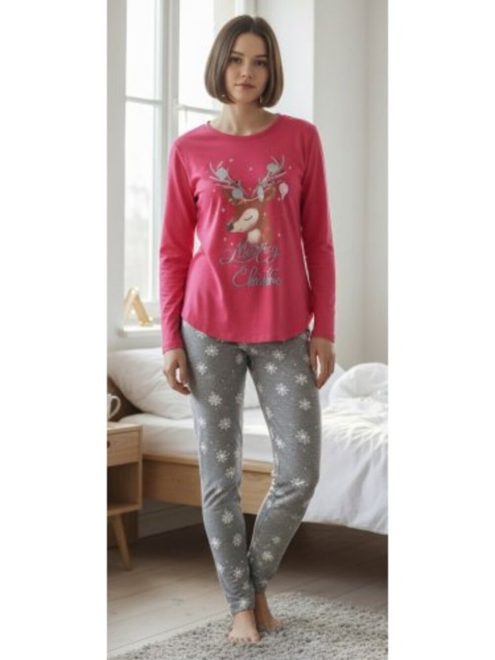 SO Red and Gray Reindeer Snowflake Print Thermal Pajamas Girls Size 14